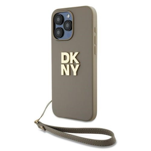 DKNY PU Leather Stack Logo Apple iPhone 15 Pro Max hátlap tok csuklószíjtal, bézs