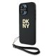 DKNY PU Leather Stack Logo Apple iPhone 15 Pro Max hátlap tok csuklószíjtal, fekete