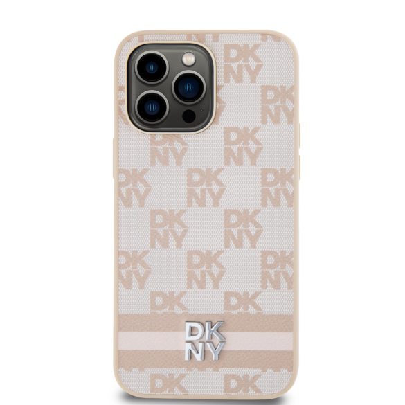 DKNY iPhone 15 Pro Max PU Leather Checkered Pattern and Stripe DKHCP15XPCPTSSP hátlap, tok, rózsaszín