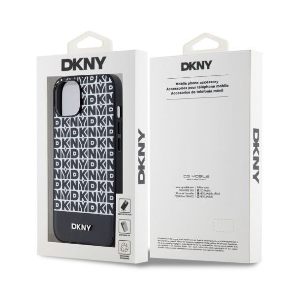 DKNY iPhone 13 PU Leather Repeat Pattern Bottom Stripe MagSafe kompatibilis DKHMP13MPSOSPK, hátlap, tok, fekete