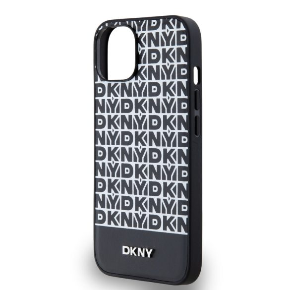 DKNY iPhone 14 PU Leather Repeat Pattern Bottom Stripe MagSafe kompatibilis DKHMP14SPSOSPK, hátlap, tok, fekete