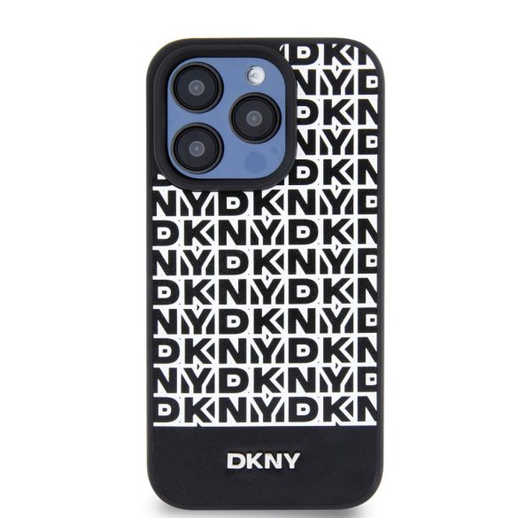 DKNY iPhone 15 Pro PU Leather Repeat Pattern Bottom Stripe MagSafe kompatibilis DKHMP15LPSOSPK, hátlap, tok, fekete