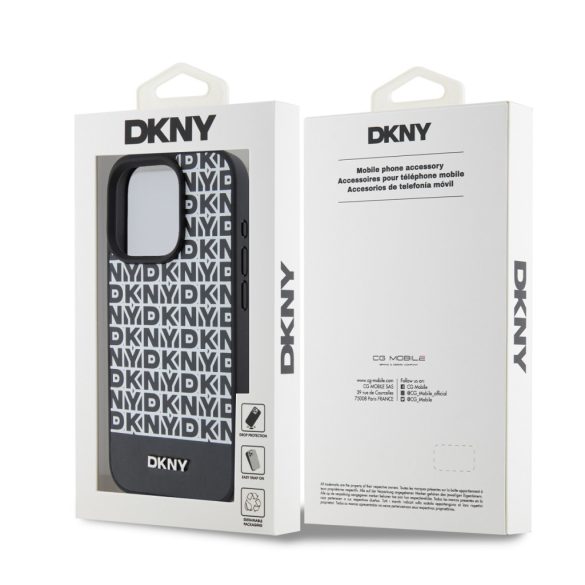 DKNY iPhone 15 Pro PU Leather Repeat Pattern Bottom Stripe MagSafe kompatibilis DKHMP15LPSOSPK, hátlap, tok, fekete