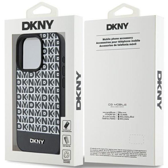 DKNY iPhone 15 Pro PU Leather Repeat Pattern Bottom Stripe MagSafe kompatibilis DKHMP15LPSOSPK, hátlap, tok, fekete