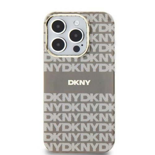 DKNY iPhone 15 MagSafe DKHMP15SHRHSEE hátlap, tok MagSafe PC TPU Repeat Texture Pattern W/ Stripe, bézs