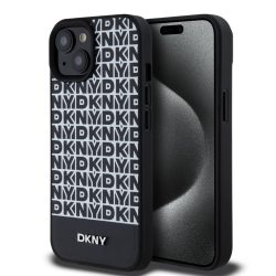   DKNY iPhone 15 PU Leather Repeat Pattern Bottom Stripe MagSafe kompatibilis DKHMP15SPSOSPK, hátlap, tok, fekete