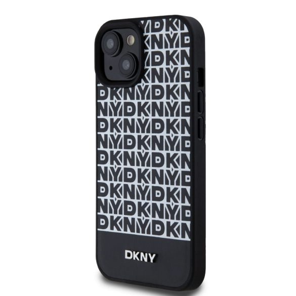 DKNY iPhone 15 PU Leather Repeat Pattern Bottom Stripe MagSafe kompatibilis DKHMP15SPSOSPK, hátlap, tok, fekete