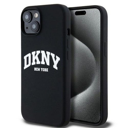 DKNY iPhone 15 compatible with MagSafe DKHMP15SSNYACH hátlap, tok MagSafe Silicone W/White Arch Logo, fekete