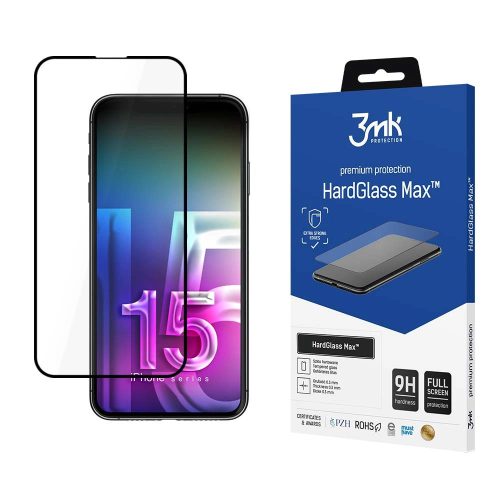 3MK HardGlass Max iPhone 15 Pro Max 6.7" teljes képernyős ujjlenyomamentes edzett üvegfólia, fekete