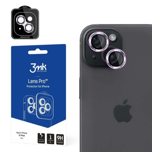 3MK Lens Protection Pro iPhone 15 Plus 6.7" kamera védőfólia rögzítőkerettel 1db, rózsaszín