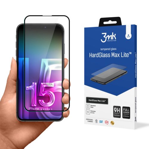 3MK HardGlass Max Lite iPhone 15 6.1" teljes képernyős edzett üvegfólia, fekete