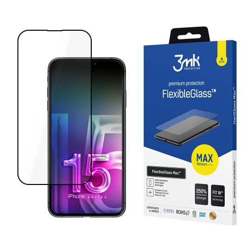 3MK FlexibleGlass Max iPhone 15 6.1", fekete, hibrid üvegfólia, átlátszó,