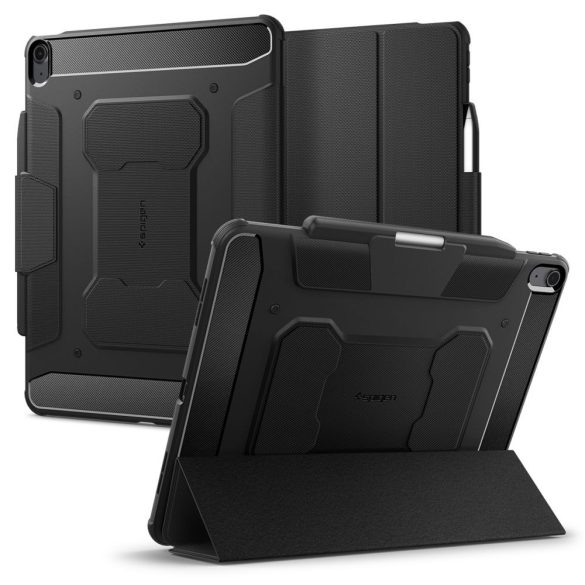 Spigen Rugged Armor iPad Air 13 (2024) oldalra nyíló ütésálló okos tok, érintőceruza tartóval, fekete