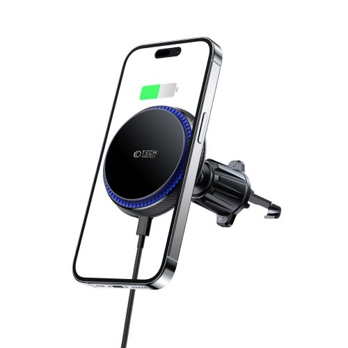 Tech-Protect MM15W-V4 Magnetic Magsafe Vent Car Mount Wireless Charger, Magsafe kompatibilis vezeték nélküli töltő és tartó, szellőzőrácsra, mágneses, 15W, fekete