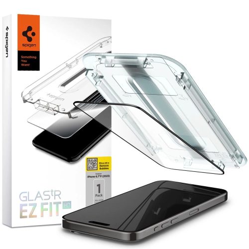 Spigen Glas.TR FC iPhone 15 Pro Max 6.7" "EZ FIT" edzett üvegfólia, fekete keret AGL06879