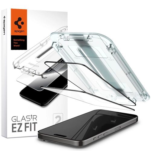 Spigen Glas.TR FC iPhone 15 Pro 6.1" iPhone 15 Pro 6.1" "EZ FIT" 2 db edzett üvegfólia, fekete keret AGL06893