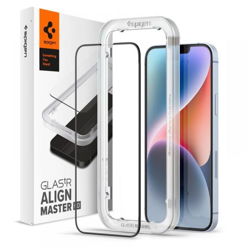 Spigen Alm Glass FC iPhone 14/13 Pro/13 edzett üvegfóliakeret, fekete, rögzítőkerettel