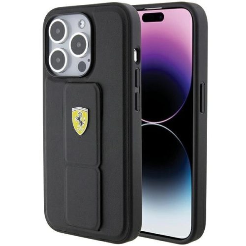 Ferrari FEHCP15LGSPSPSIK Grip Stand Metal Logo iPhone 15 Pro 6.1", hátlap, tok, fekete