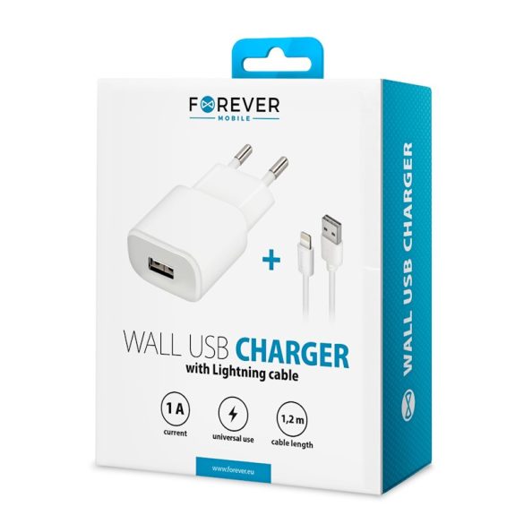 Forever TC-01 hálózati töltő adapter, 1 USB-A, 1A + iPhone lightning kábel, fehér