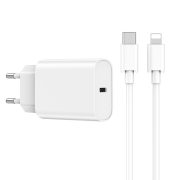   WIWU Wi-U001 Wall Charger hálózati töltő adapter, gyorstöltő, PD 20W, USB-C,  USB-C/Lightning kábellel, 3A, fehér