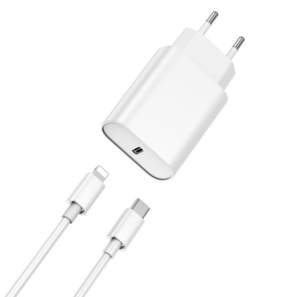 WIWU Wi-U001 Wall Charger hálózati töltő adapter, gyorstöltő, PD 20W, USB-C,  USB-C/Lightning kábellel, 3A, fehér