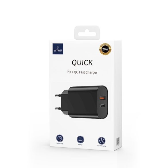 WIWU Wi-U002 Wall Charger hálózati töltő adapter, gyorstöltő, PD+QC 20W, USB-A/USB-C, 3A, fekete