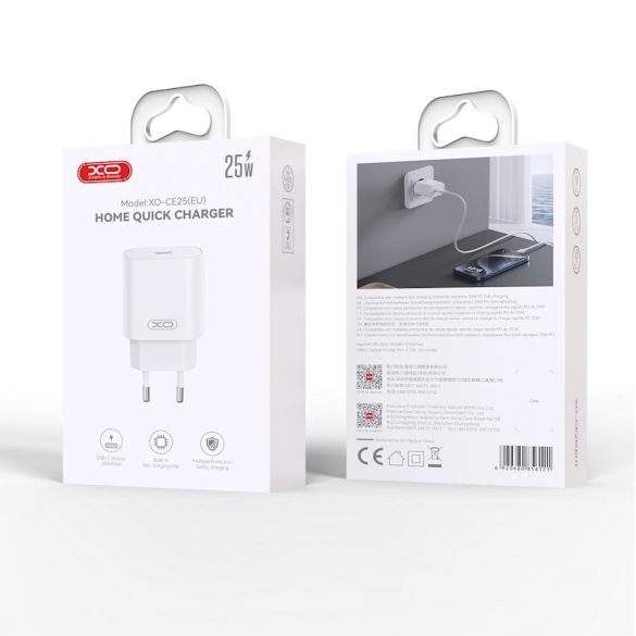 XO CE25 Wall Charger hálózati töltő adapter, gyorstöltő, PD 25W, USB-C, 3A, fehér