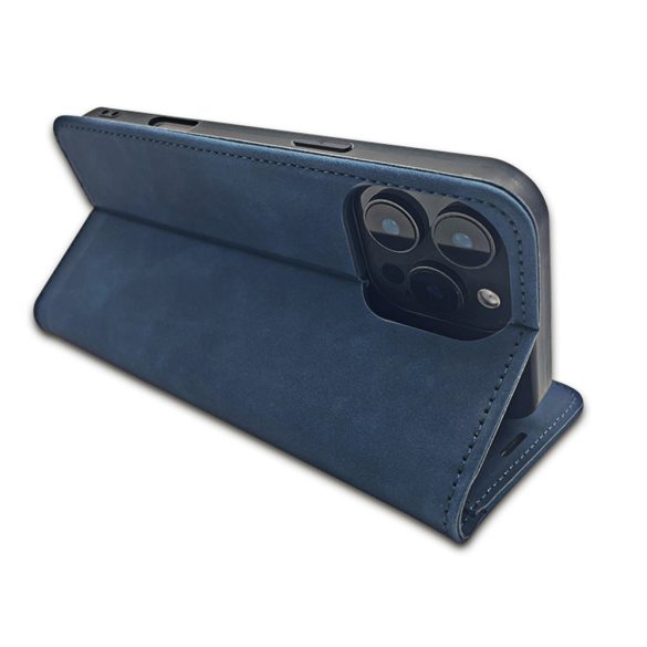 Smart Suede iPhone 16 Pro oldalra nyíló tok, sötétkék