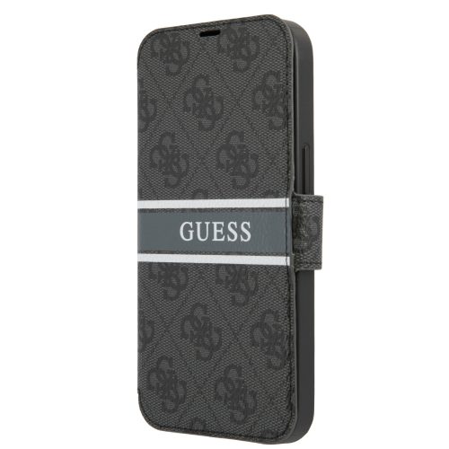 Guess iPhone 13 Pro 4G Printed Stripe (GUBKP13L4GDGR) oldalra nyíló tok, szürke-fekete