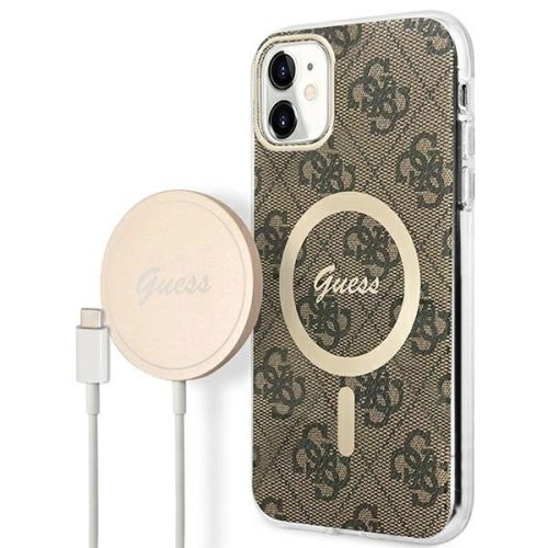 Guess set case + charger for iPhone 11 6,1" GUBPN61H4EACSW brown hard case 4G Print MagSafe MagSafe töltő és tok, barna