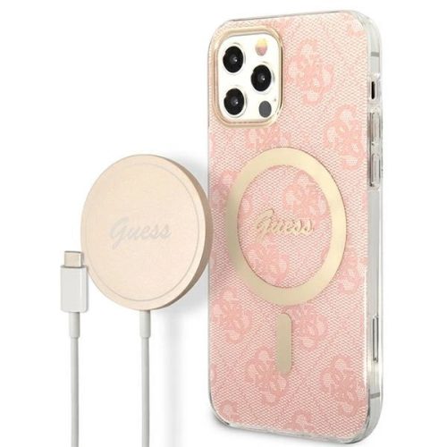 Guess Szett GUBPP12MH4EACSP Tok + Magsafe töltő iPhone 12/12 Pro hátlap, 4G Print, rózsaszín