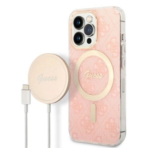 Guess Szett GUBPP13LH4EACSP Tok + Magsafe töltő iPhone 13 Pro hátlap, 4G Print, rózsaszín