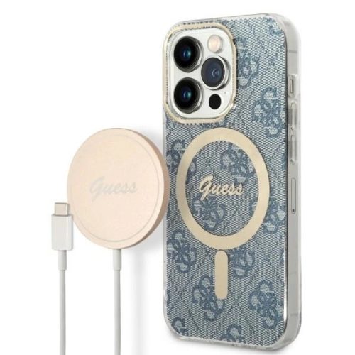 Guess Szett GUBPP14LH4EACSB Tok + Magsafe töltő iPhone 14 Pro 6.1" hátlap, 4G Print, kék