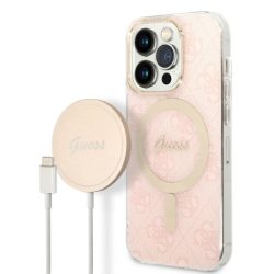   Guess iPhone 14 Pro 4G Print MagSafe (GUBPP14LH4EACSP) hátlap, tok és Magsafe vezeték nélküli wireless töltő, rózsaszín