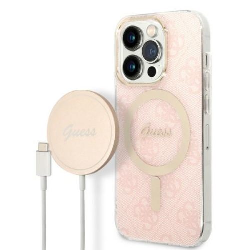 Guess iPhone 14 Pro 4G Print MagSafe (GUBPP14LH4EACSP) hátlap, tok és Magsafe vezeték nélküli wireless töltő, rózsaszín