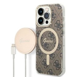   Guess iPhone 14 Pro 4G Print MagSafe (GUBPP14LH4EACSW) hátlap, tok és Magsafe vezeték nélküli wireless töltő, barna