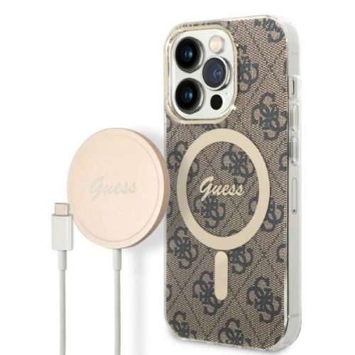 Guess iPhone 14 Pro 4G Print MagSafe (GUBPP14LH4EACSW) hátlap, tok és Magsafe vezeték nélküli wireless töltő, barna