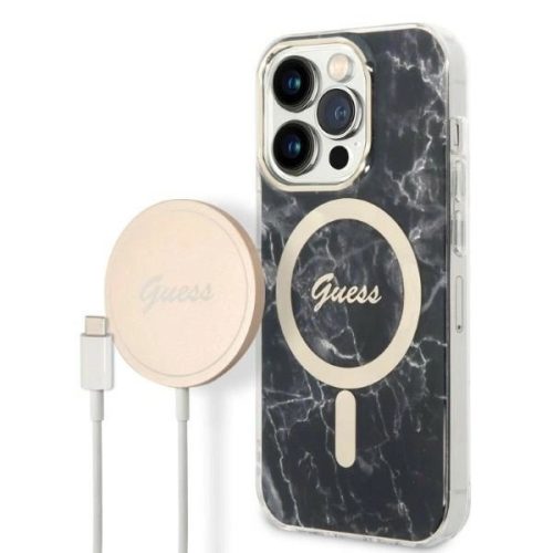 Guess Szett GUBPP14LHMEACSK Tok + Magsafe töltő iPhone 14 Pro 6.1" hátlap, Marble, fekete