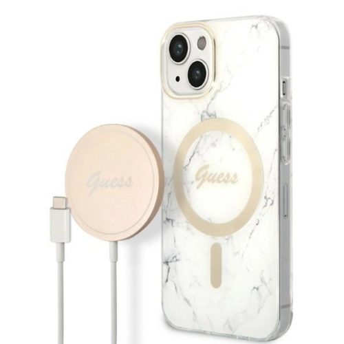 Guess Szett GUBPP14MHMEACSH Tok + Magsafe töltő iPhone 14 Plus 6.7" hátlap, Marble, fehér