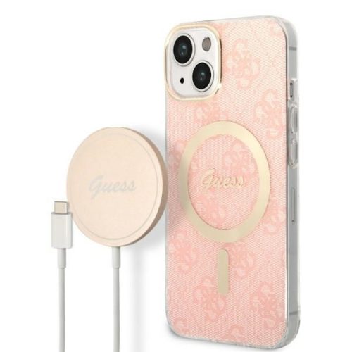 Guess iPhone 14 4G Print MagSafe (GUBPP14SH4EACSP) hátlap, tok és Magsafe vezeték nélküli wireless töltő, rózsaszín