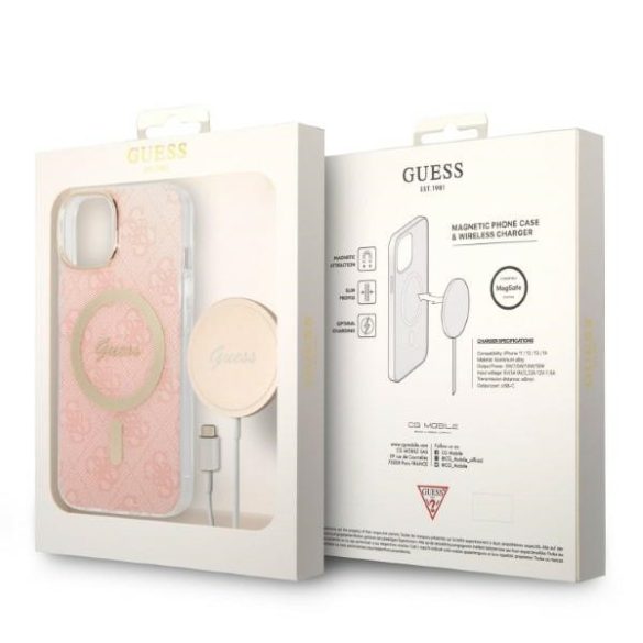 Guess iPhone 14 4G Print MagSafe (GUBPP14SH4EACSP) hátlap, tok és Magsafe vezeték nélküli wireless töltő, rózsaszín