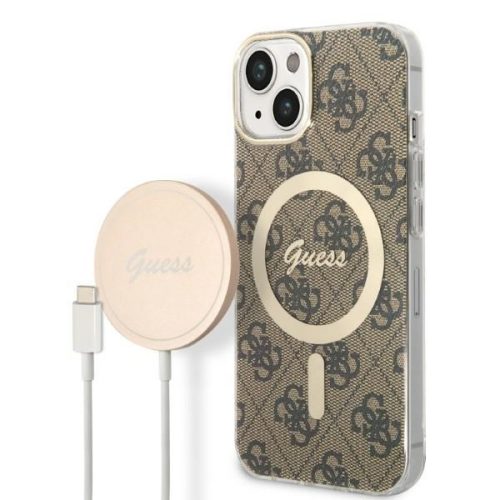 Guess iPhone 14 4G Print MagSafe (GUBPP14SH4EACSW) hátlap, tok és Magsafe vezeték nélküli wireless töltő, barna