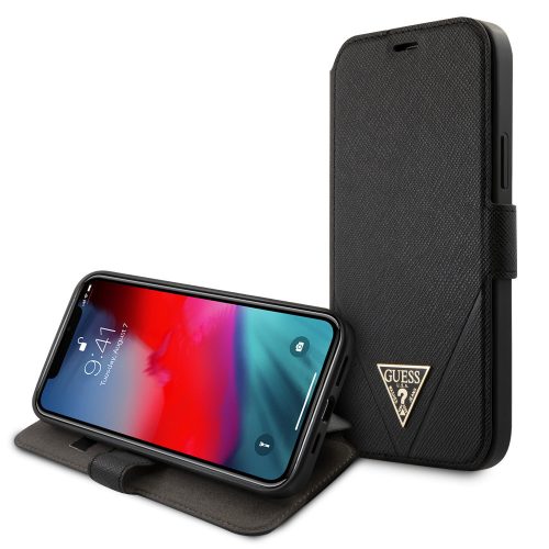 Guess iPhone 12/12 Pro Saffiano Triangle (GUFLBKP12MVSATMLBK) oldalra nyíló tok, fekete