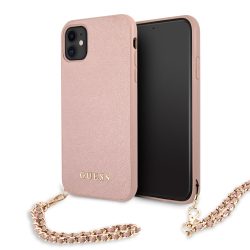   Guess iPhone 11 Saffiano Gold Chain (GUHCN61SASGPI) hátlap, tok, rózsaszín