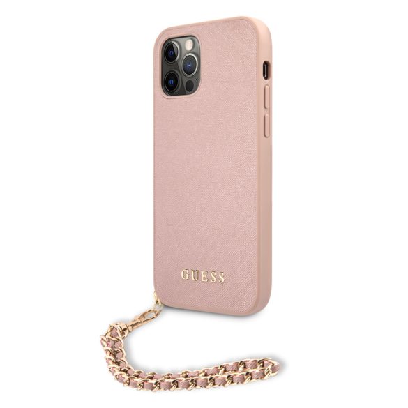 Guess iPhone 12/12 Pro Saffiano Gold Chain (GUHCP12MSASGPI) hátlap, tok, rózsaszín