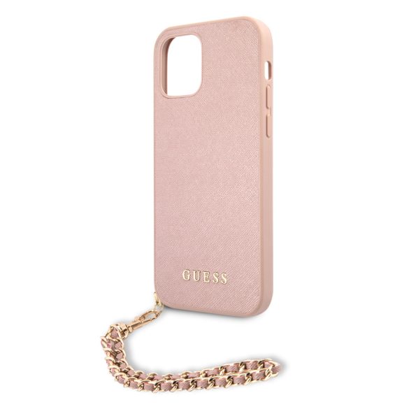 Guess iPhone 12/12 Pro Saffiano Gold Chain (GUHCP12MSASGPI) hátlap, tok, rózsaszín