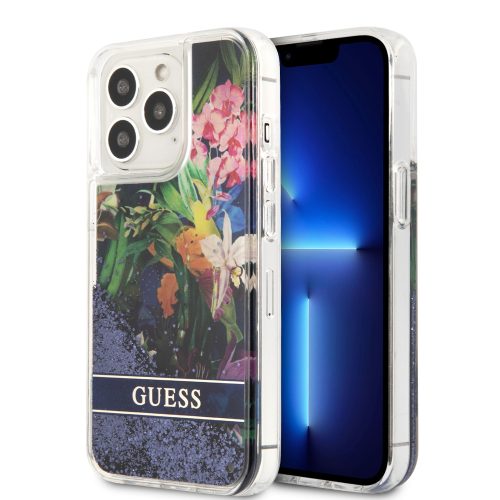 Guess iPhone 13 Pro Liquid Glitter Flower (GUHCP13LLFLSB) hátlap, tok, kék