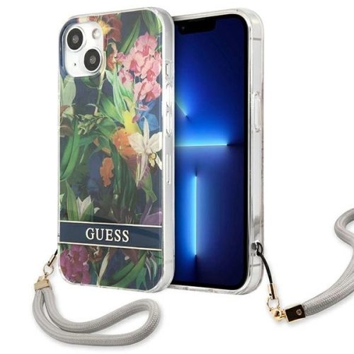 Guess GUHCP13MHFLSB iPhone 13 6.1" hátlap, tok Flower Strap, kék