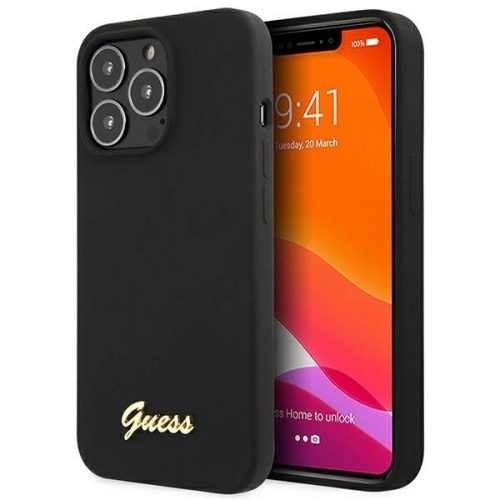 Guess GUHCP13XLSLMGBK iPhone 13 Pro Max 6.7" hátlap, tok Silicone Script Gold Logo, fekete