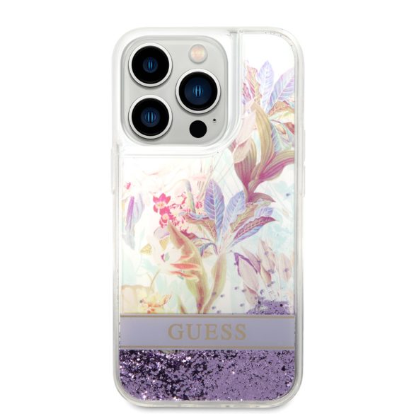 Guess iPhone 14 Pro Flower Liquid Glitter (GUHCP14LLFLSU) hátlap, tok, színes